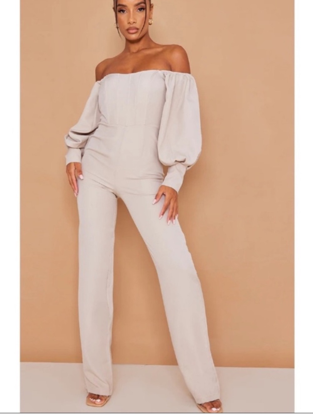 👗PrettyLittleThing Bardot corset stone Puff Sleeve Square Neck Jumpsuit